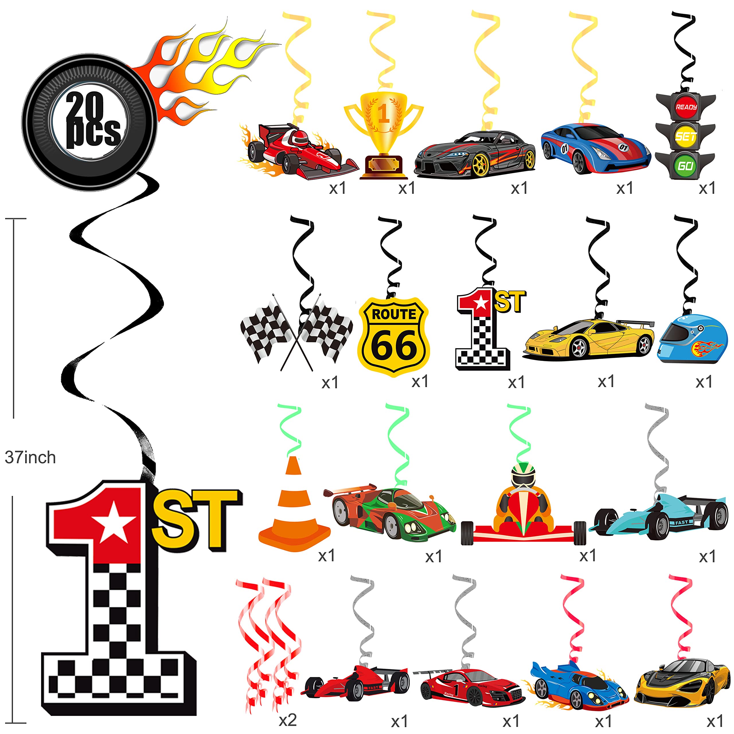 20 Pcs Race Car Hanging Swirl Decorations Racing Birthday Party Decorations Checkered Flags Racing Swirls Ceiling Decor for Boys Let's Go Racing Birthday Party Supplies