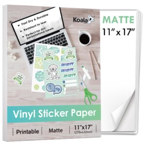 koala printable vinyl sticker paper for inkjet printer 11x17 inch - 10 sheets matte white sticker printer paper, waterproof sticker paper, tear-resistant, removable
