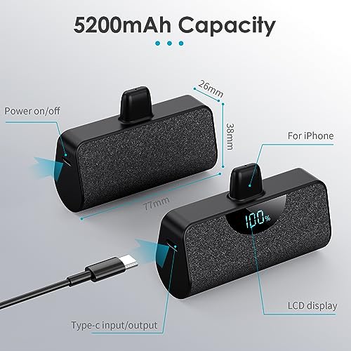 [2 Pack] Small Portable Charger 5200mAh for iPhone,Ultra Compact PD Fast Charging Power Bank,LCD Display Mini Battery Pack Compatible with iPhone 14/14 Pro Max/13/13 Pro Max/12/12 Pro/11/XR/X/8/7 etc