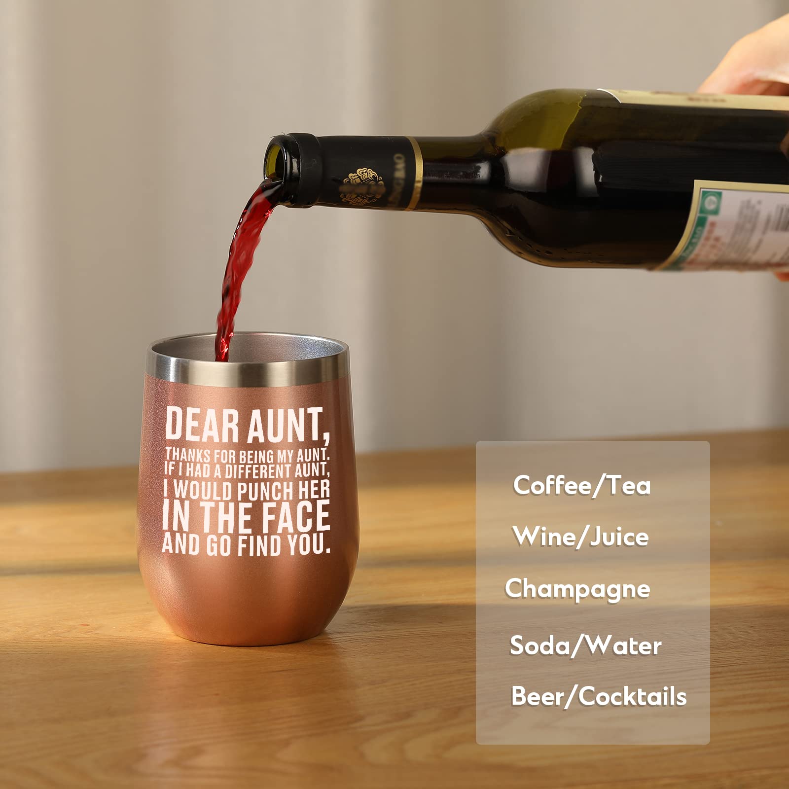 Mother's Day Aunt Gifts from Niece/Nephew, Best Aunt Ever Gifts, Birthday Gifts for Aunt, Funny Thanksgiving Christmas Gifts for Aunt, Auntie - 12oz Stainless Steel Insulated Wine Tumbler (Rose Gold)