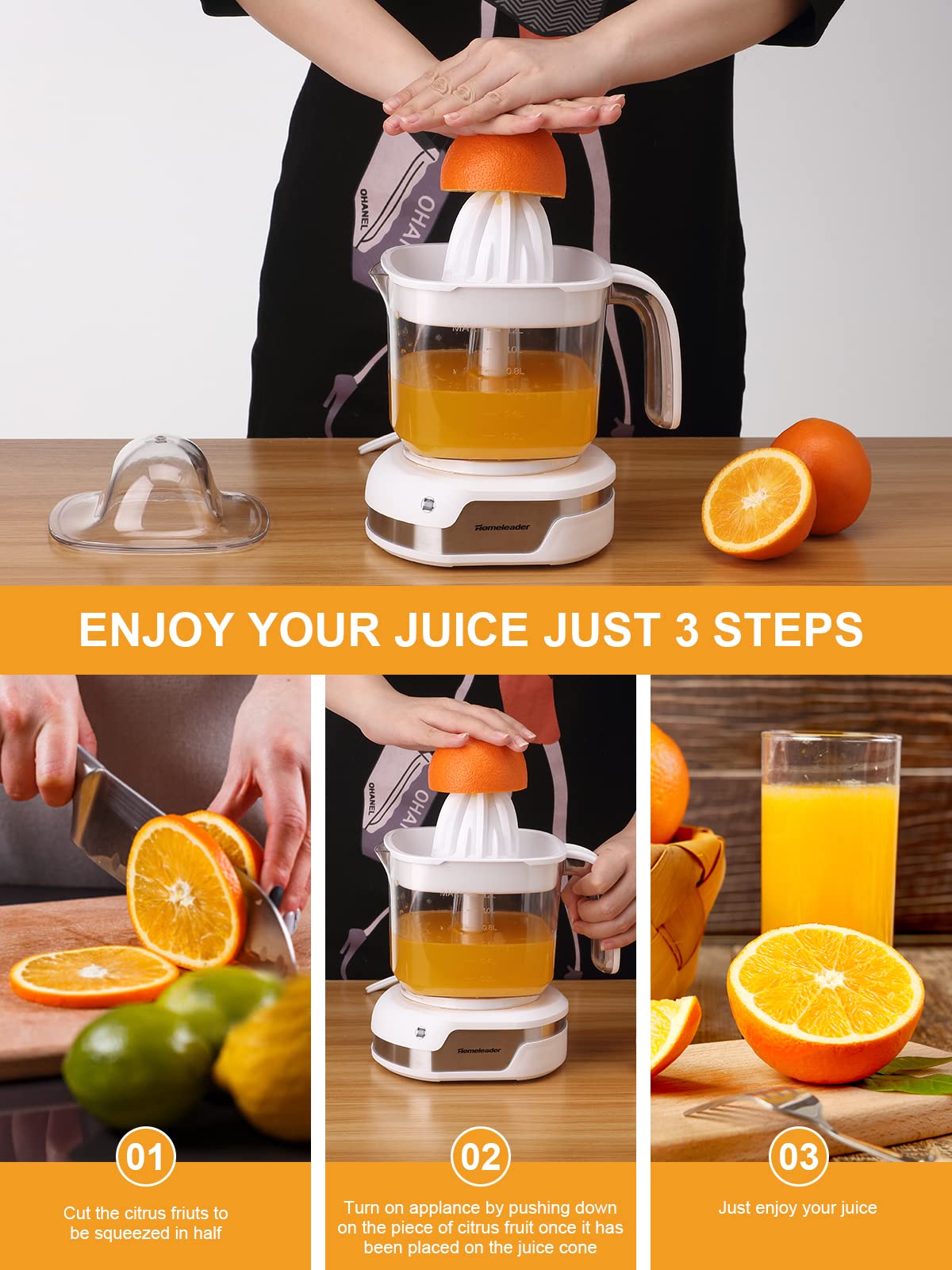 Homeleader Electric Citrus Juicer, Lemon Squeezer with Powerful Motor and LED Working Lamp, Orange Juicer for Grapefruits, Orange and Lemon-White, 1.2L