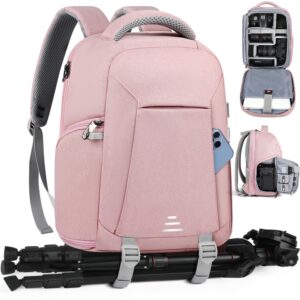 lubardy camera bag professional dslr slr mirrorless camera backpack 14 inch waterproof laptop backpack anti-theft camera case with rain cover large capacity photography backpack for men women, pink