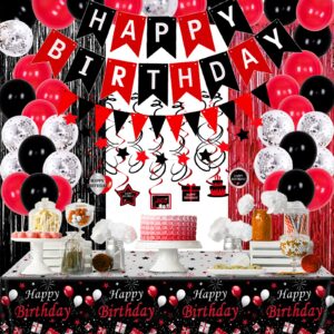 red and black birthday decorations for men women, happy birthday party decorations for boys girls with happy birthday banner tablecloth foil fringe curtains hanging swirls decor black and red party