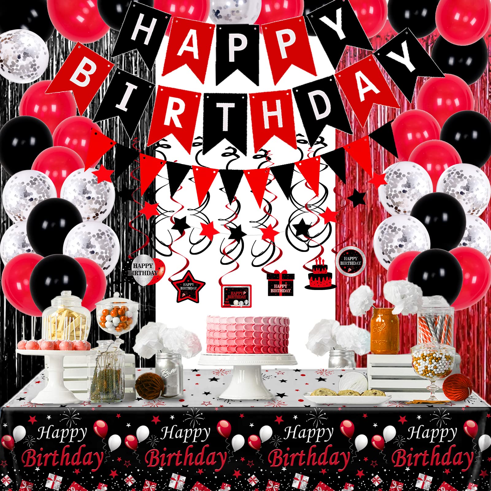 Red and Black Birthday Decorations for Men Women, Happy Birthday Party Decorations for Boys Girls with Happy Birthday Banner Tablecloth Foil Fringe Curtains Hanging Swirls Decor Black and Red Party