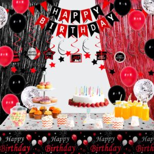 Red and Black Birthday Decorations for Men Women, Happy Birthday Party Decorations for Boys Girls with Happy Birthday Banner Tablecloth Foil Fringe Curtains Hanging Swirls Decor Black and Red Party