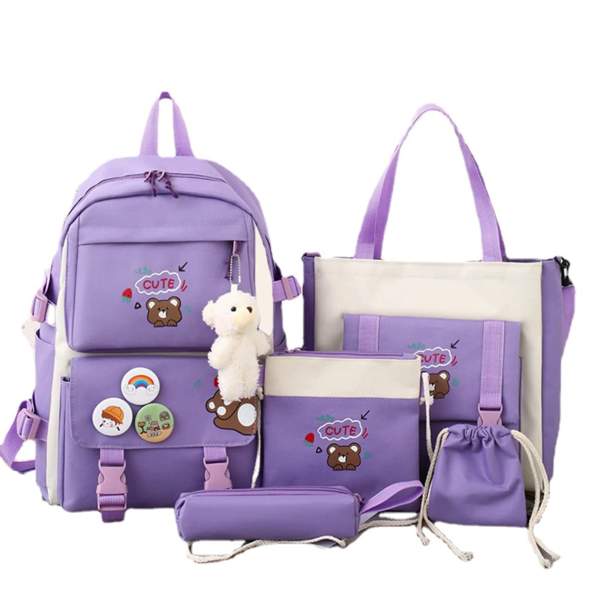 5Pcs Accessories Backpack with Pin & Set Cute Backpack Kawaii Backpack School Bags for Teen Girl