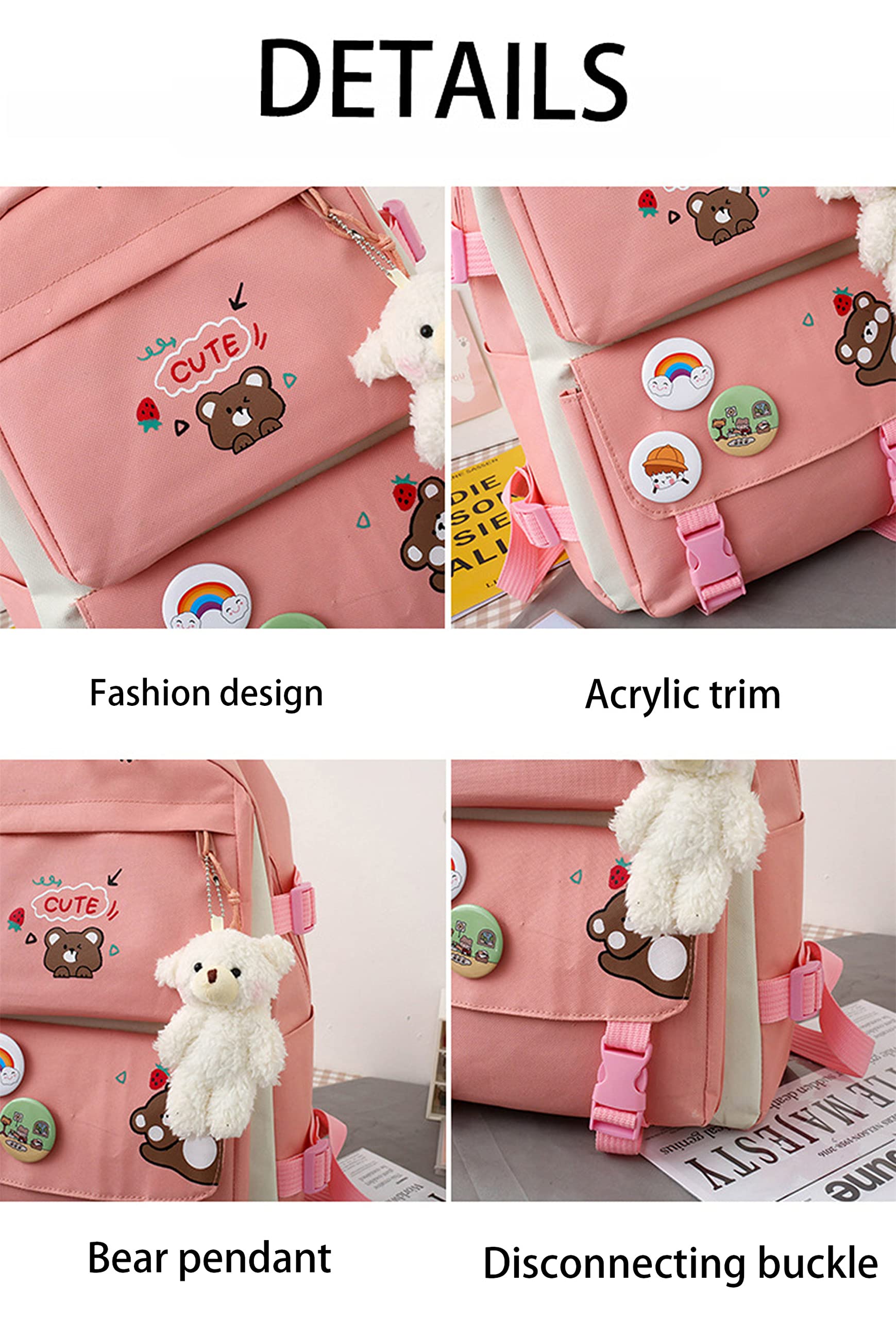 5Pcs Accessories Backpack with Pin & Set Cute Backpack Kawaii Backpack School Bags for Teen Girl