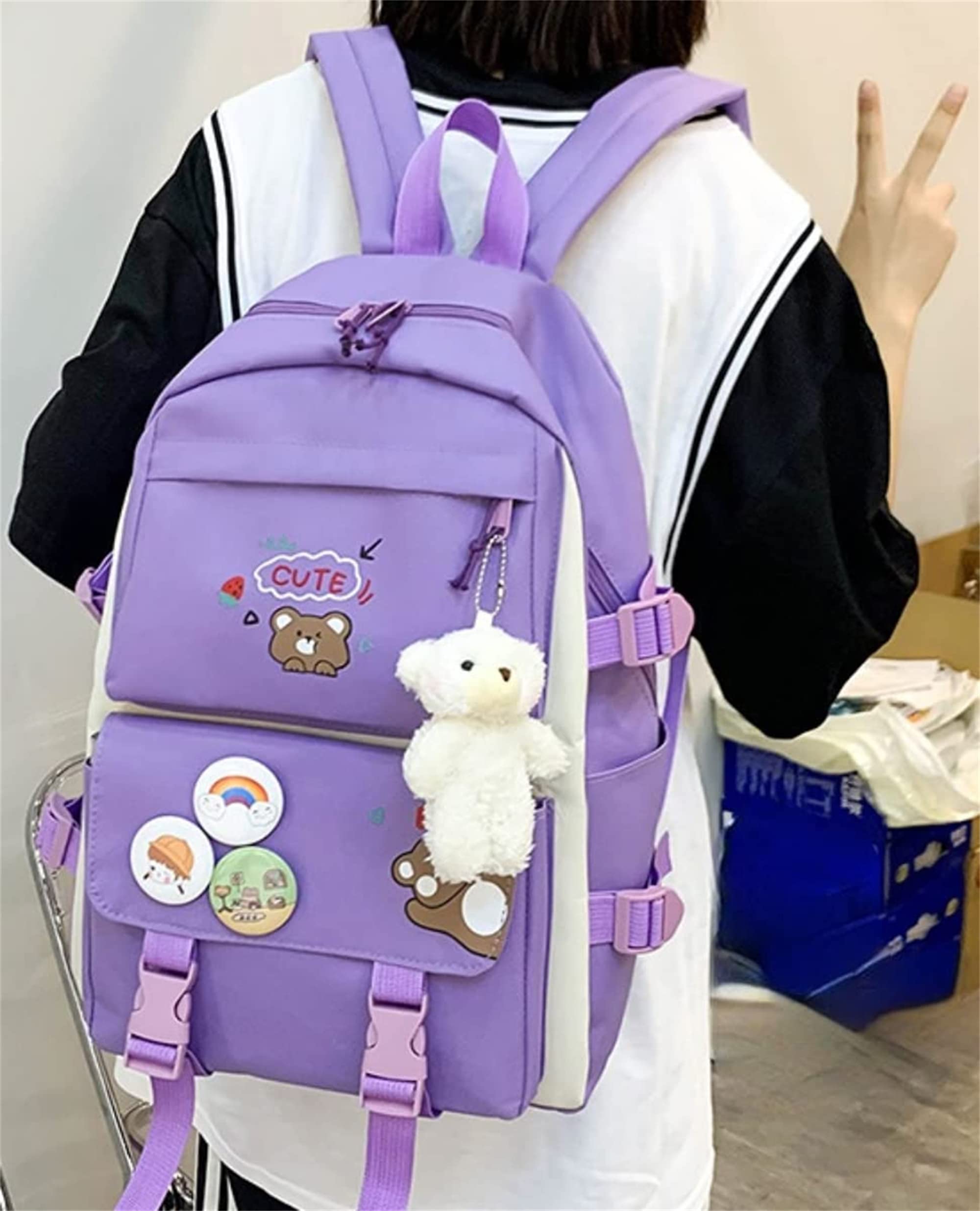 5Pcs Accessories Backpack with Pin & Set Cute Backpack Kawaii Backpack School Bags for Teen Girl