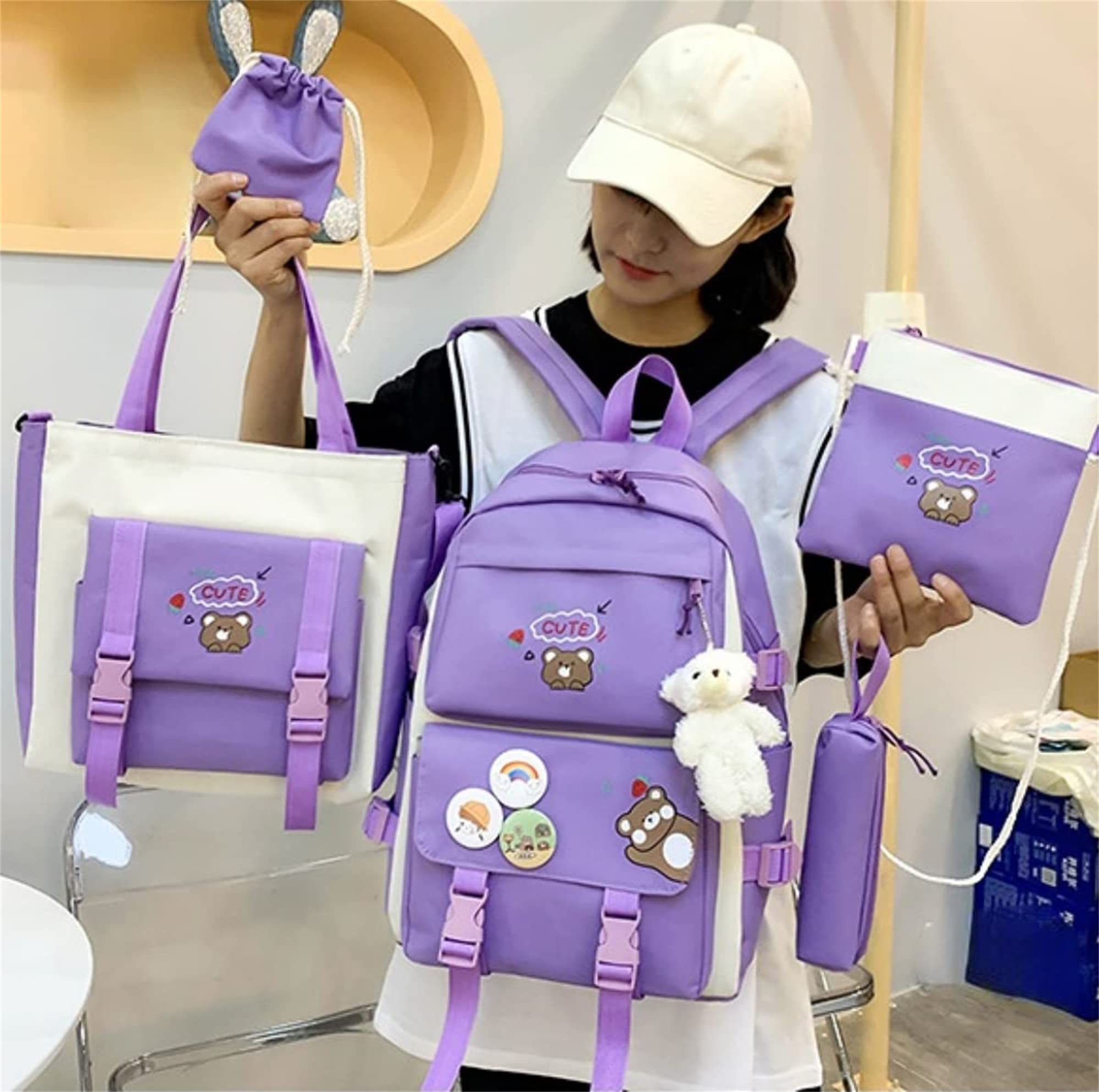 5Pcs Accessories Backpack with Pin & Set Cute Backpack Kawaii Backpack School Bags for Teen Girl