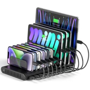 unitek multi usb charging station - 10 ports fast ipad charging dock with type-c & 2 qc 3.0 port, charger station organizer for multiple devices designed for iphone, kindle, android, tablets