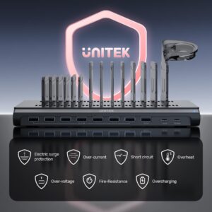 Unitek USB Charging Station 120W 10 Fast Port Multi Charge Docking Hub for Multiple Apple Devices with QC 3.0 PD 45W Port, Charger Organizer Compatible with iPad, iPhone, Tablet, iwatch,Cell Phone