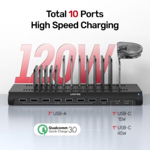 Unitek USB Charging Station 120W 10 Fast Port Multi Charge Docking Hub for Multiple Apple Devices with QC 3.0 PD 45W Port, Charger Organizer Compatible with iPad, iPhone, Tablet, iwatch,Cell Phone