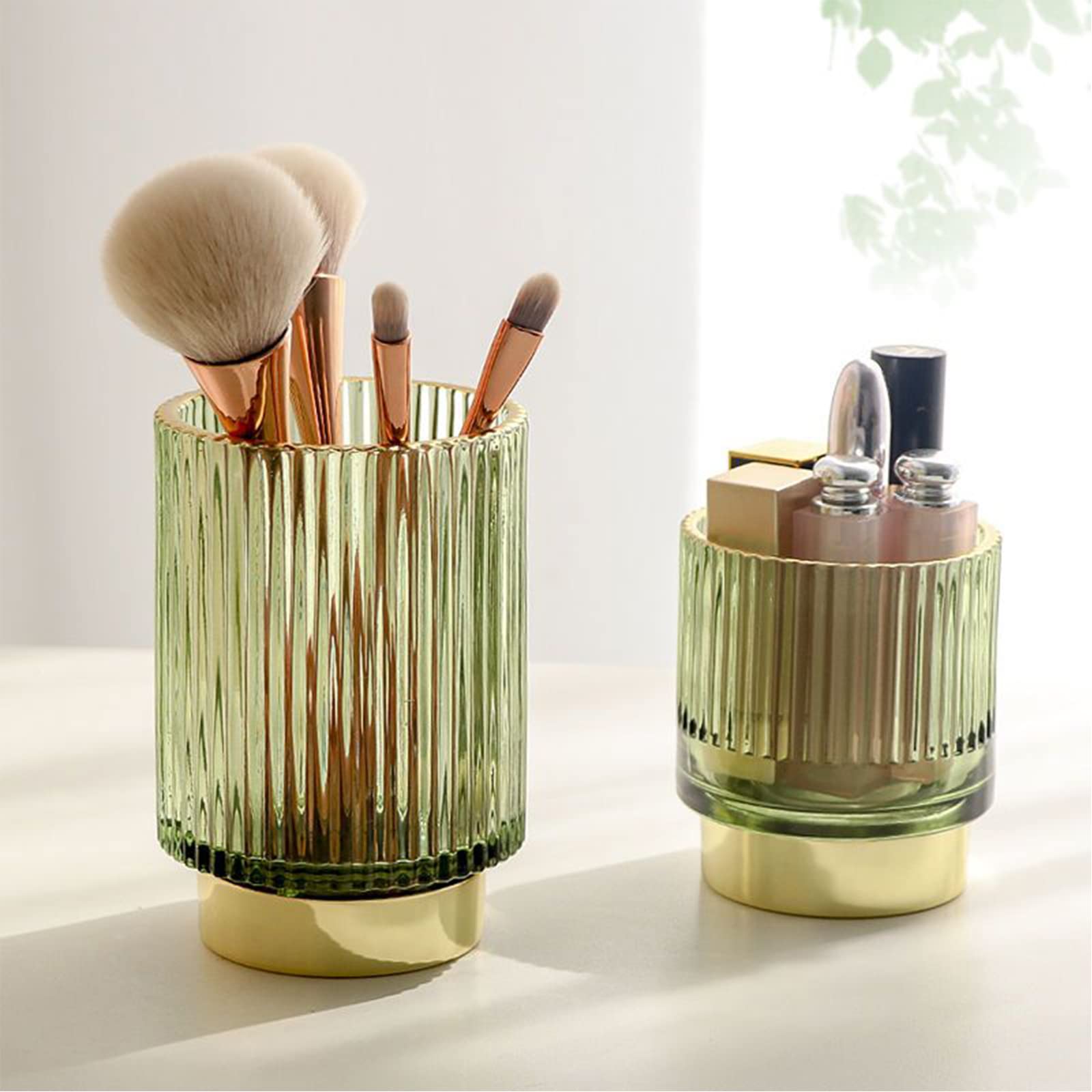 Makeup Brush Holders Organizer for Vanity Countertop Crystal Cosmetic Makeup Brush Glass Brushes Storage Holder Retro Eyeliners Eyebrow Pen Pencil Holder Organizers (S+L,Green)