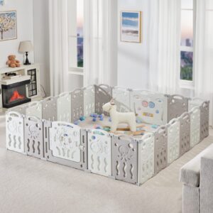 albott baby playpen, upgraded 22 panels foldable baby fence with game panel and safety gate, adjustable shape, portable baby play yards for children toddlers indoors or outdoors (grey+white, 22 panel)