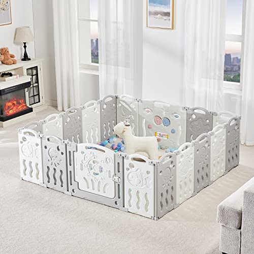 Albott Baby Playpen, Upgraded 18 Panels Foldable Baby Fence with Game Panel and Safety Gate, Adjustable Shape, Portable Baby Play Yards for Children Toddlers Indoors or Outdoors (White+Grey, 18 Panel)