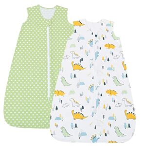 phf 100% cotton baby sleep sack, 0-6 months baby wearable blanket, 2-way zipper infant sleeping sack for baby boys girls, 2 pack comfy small size sleeveless sleeping bags, dinosaur & green geometry