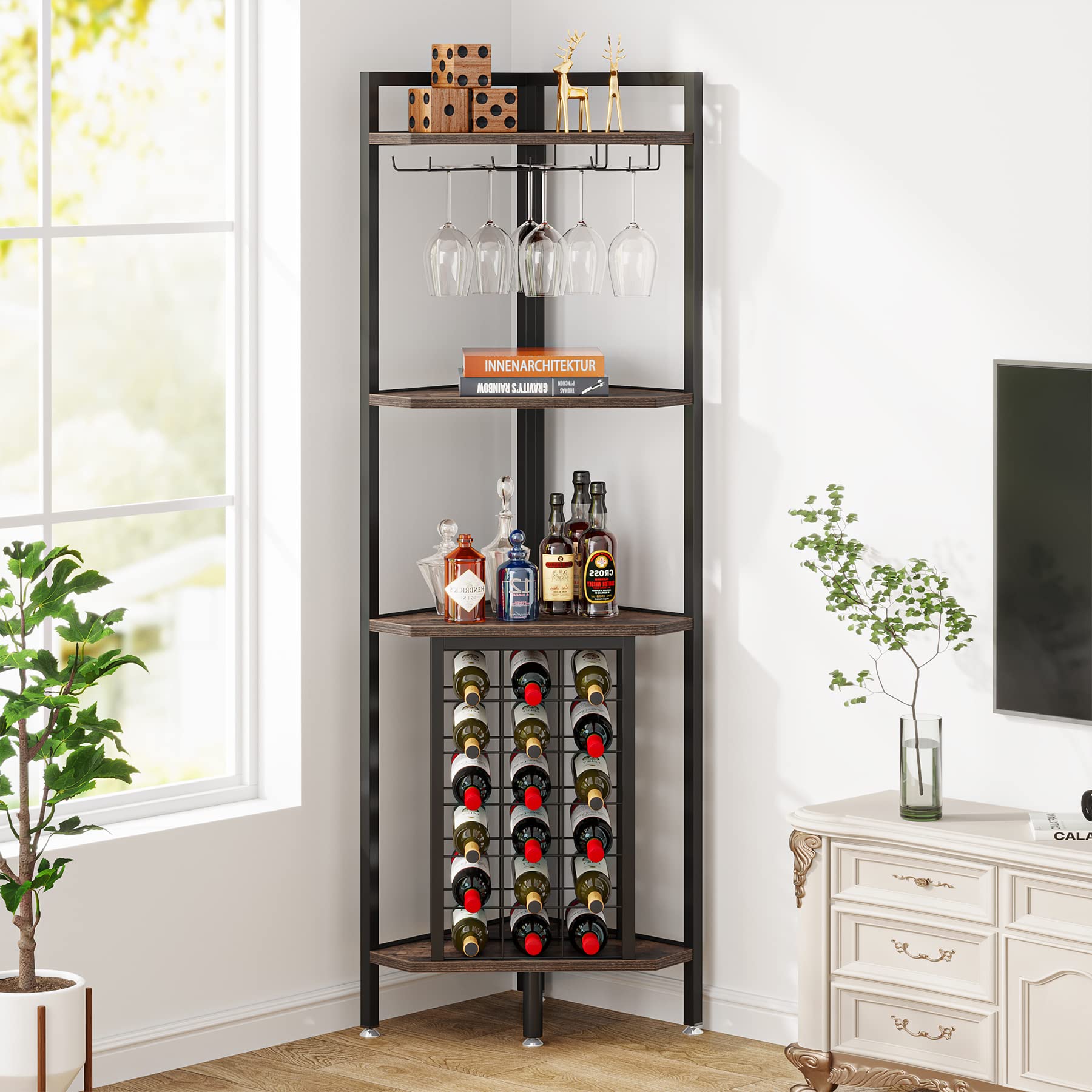 Tribesigns Corner Wine Rack with Glass Holder and Storage Shelves, 4 Tier Corner Bar Corner Wine Cabinet, Industrial Corner Wine Shelf for Living Room, Small Space (Brown)