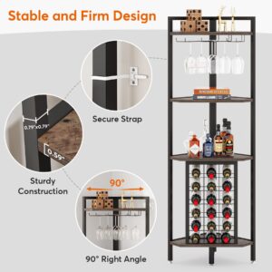 Tribesigns Corner Wine Rack with Glass Holder and Storage Shelves, 4 Tier Corner Bar Corner Wine Cabinet, Industrial Corner Wine Shelf for Living Room, Small Space (Brown)