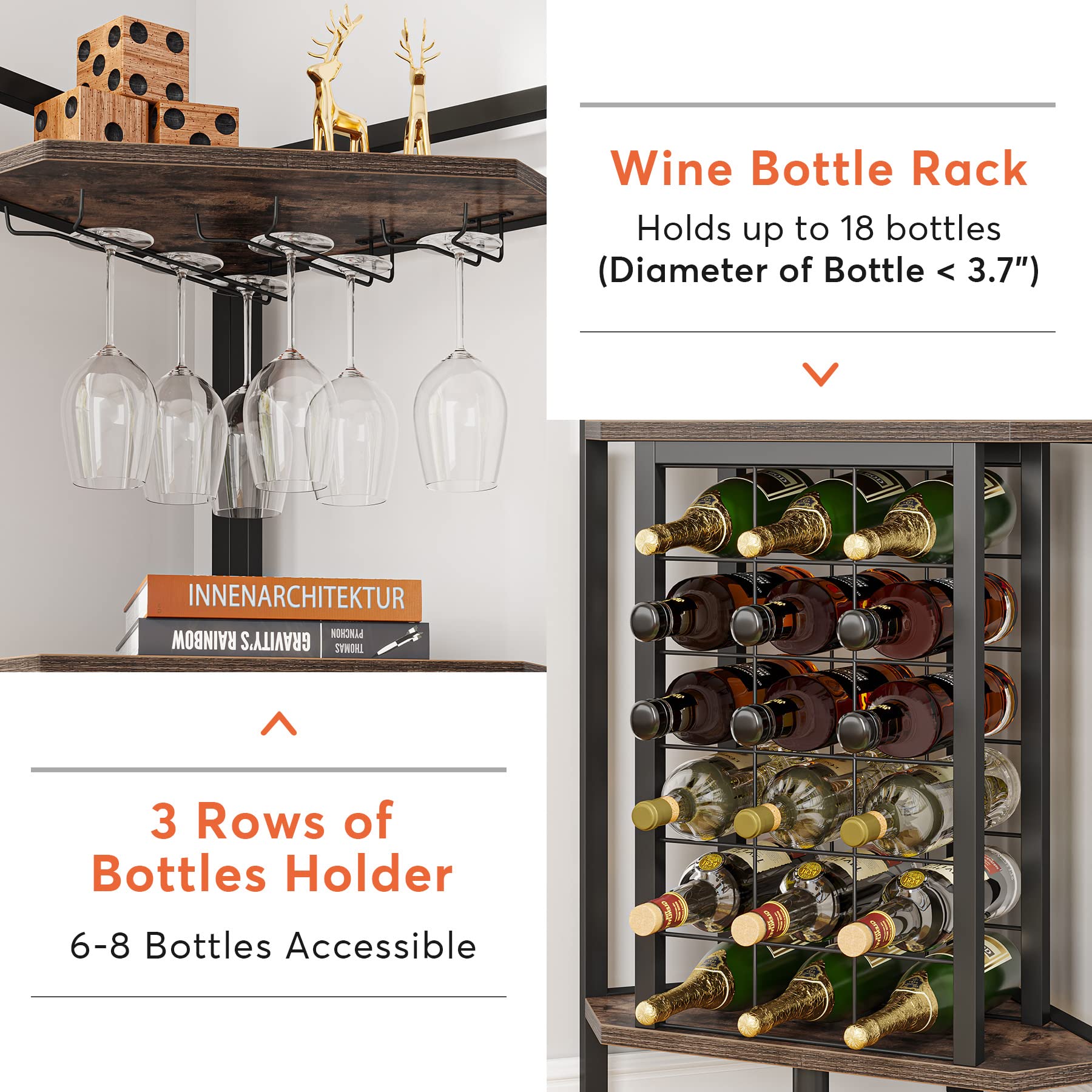 Tribesigns Corner Wine Rack with Glass Holder and Storage Shelves, 4 Tier Corner Bar Corner Wine Cabinet, Industrial Corner Wine Shelf for Living Room, Small Space (Brown)