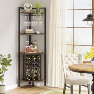 Tribesigns Corner Wine Rack with Glass Holder and Storage Shelves, 4 Tier Corner Bar Corner Wine Cabinet, Industrial Corner Wine Shelf for Living Room, Small Space (Brown)