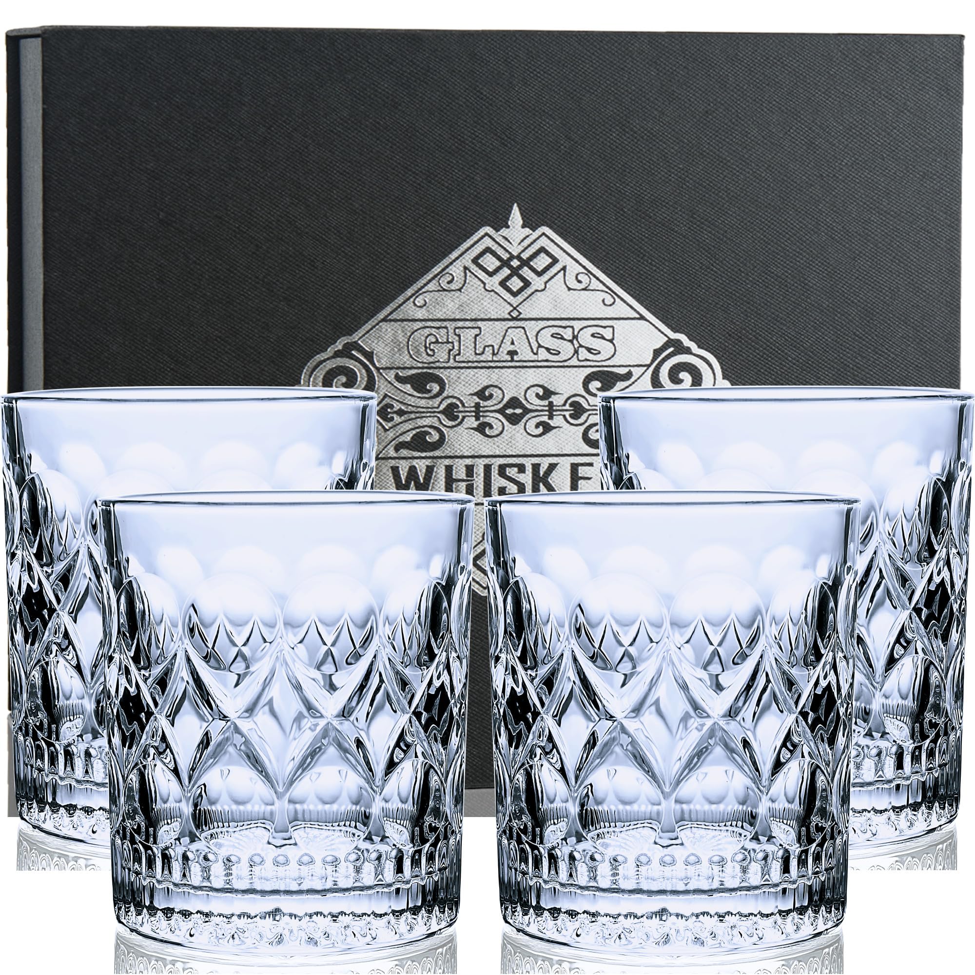 DH Whiskey Glasses Set of 4 with Gift Box -11Oz drinking glasses for Bourbon Scotch Cognac Rocks Glasses for Men, Old Fashioned Crystal retro Whisky Glass Gift