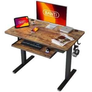 banti 40" x 24" height adjustable electric standing desk with keyboard tray, sit stand up desk with splice board, black frame/rustic brown top