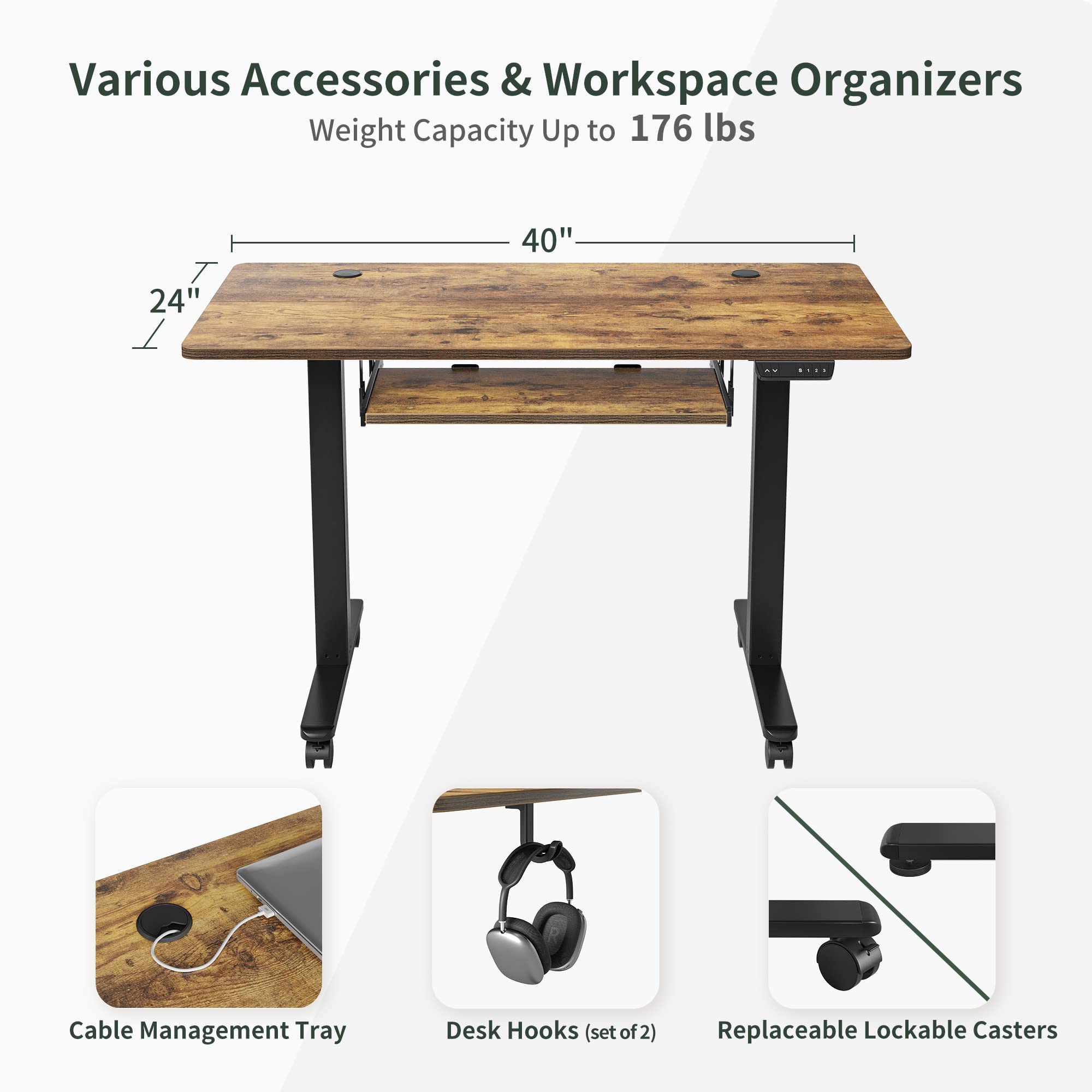 BANTI 40" x 24" Height Adjustable Electric Standing Desk with Keyboard Tray, Sit Stand up Desk with Splice Board, Black Frame/Rustic Brown Top