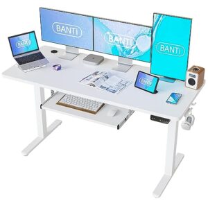 banti 63" x 24" height adjustable electric standing desk with keyboard tray, sit stand up desk with splice board, white frame/white top