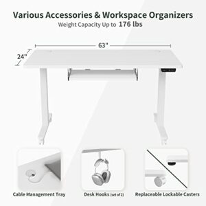 BANTI 63" x 24" Height Adjustable Electric Standing Desk with Keyboard Tray, Sit Stand up Desk with Splice Board, White Frame/White Top