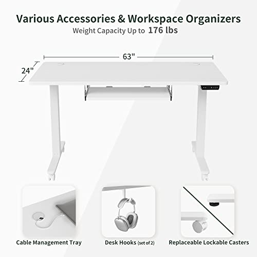 BANTI 63" x 24" Height Adjustable Electric Standing Desk with Keyboard Tray, Sit Stand up Desk with Splice Board, White Frame/White Top