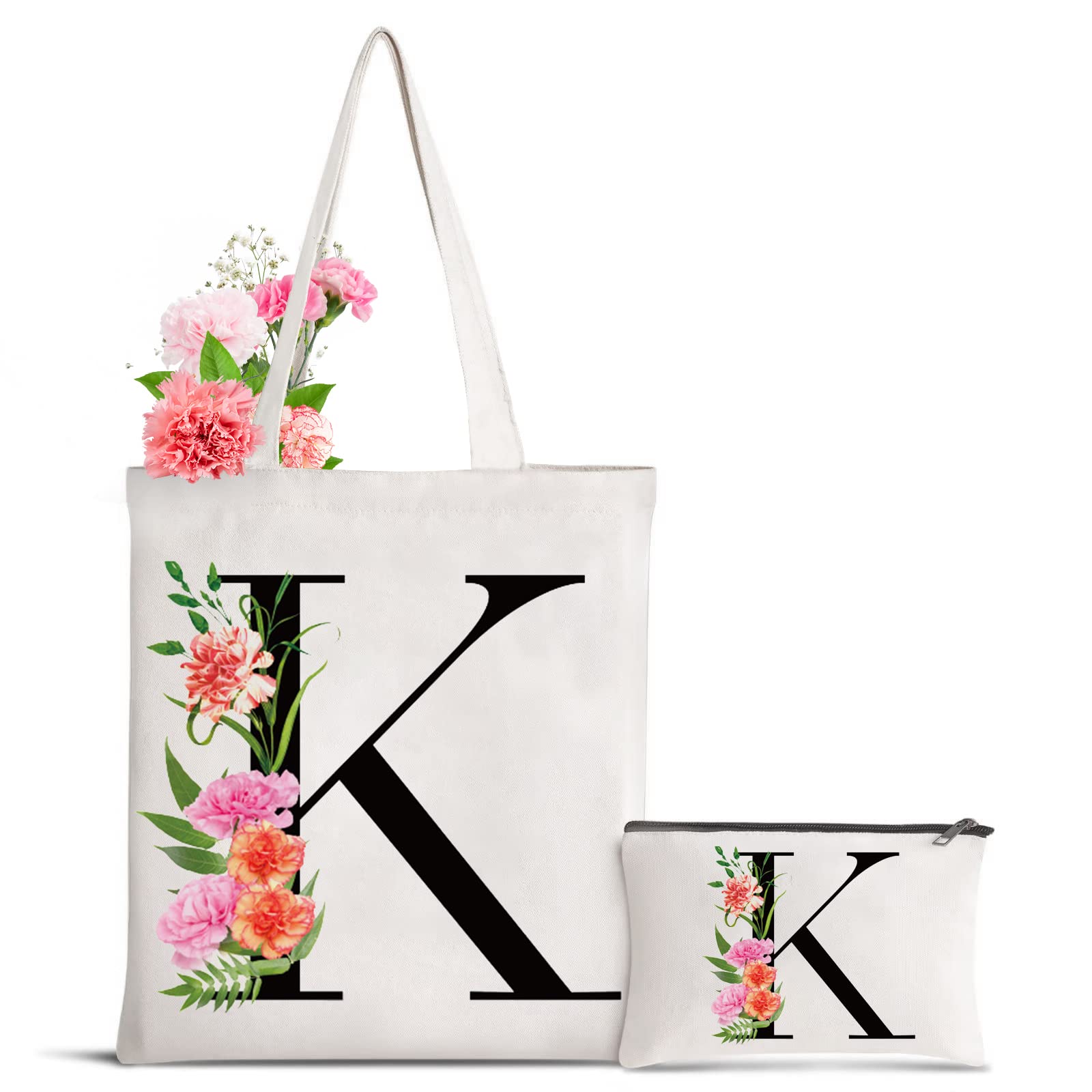 Sanuurfky Personalized Initial Canvas Tote Bag Letter Makeup Bag Monogrammed Present Bag Gift for Women Mom Mother's Day Bridesmaids Birthday Wedding Holiday Shopping Travel