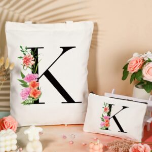 Sanuurfky Personalized Initial Canvas Tote Bag Letter Makeup Bag Monogrammed Present Bag Gift for Women Mom Mother's Day Bridesmaids Birthday Wedding Holiday Shopping Travel