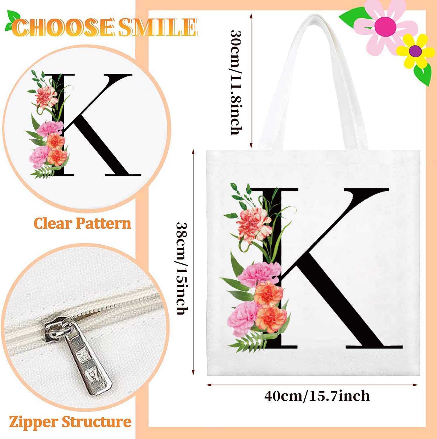 Sanuurfky Personalized Initial Canvas Tote Bag Letter Makeup Bag Monogrammed Present Bag Gift for Women Mom Mother's Day Bridesmaids Birthday Wedding Holiday Shopping Travel