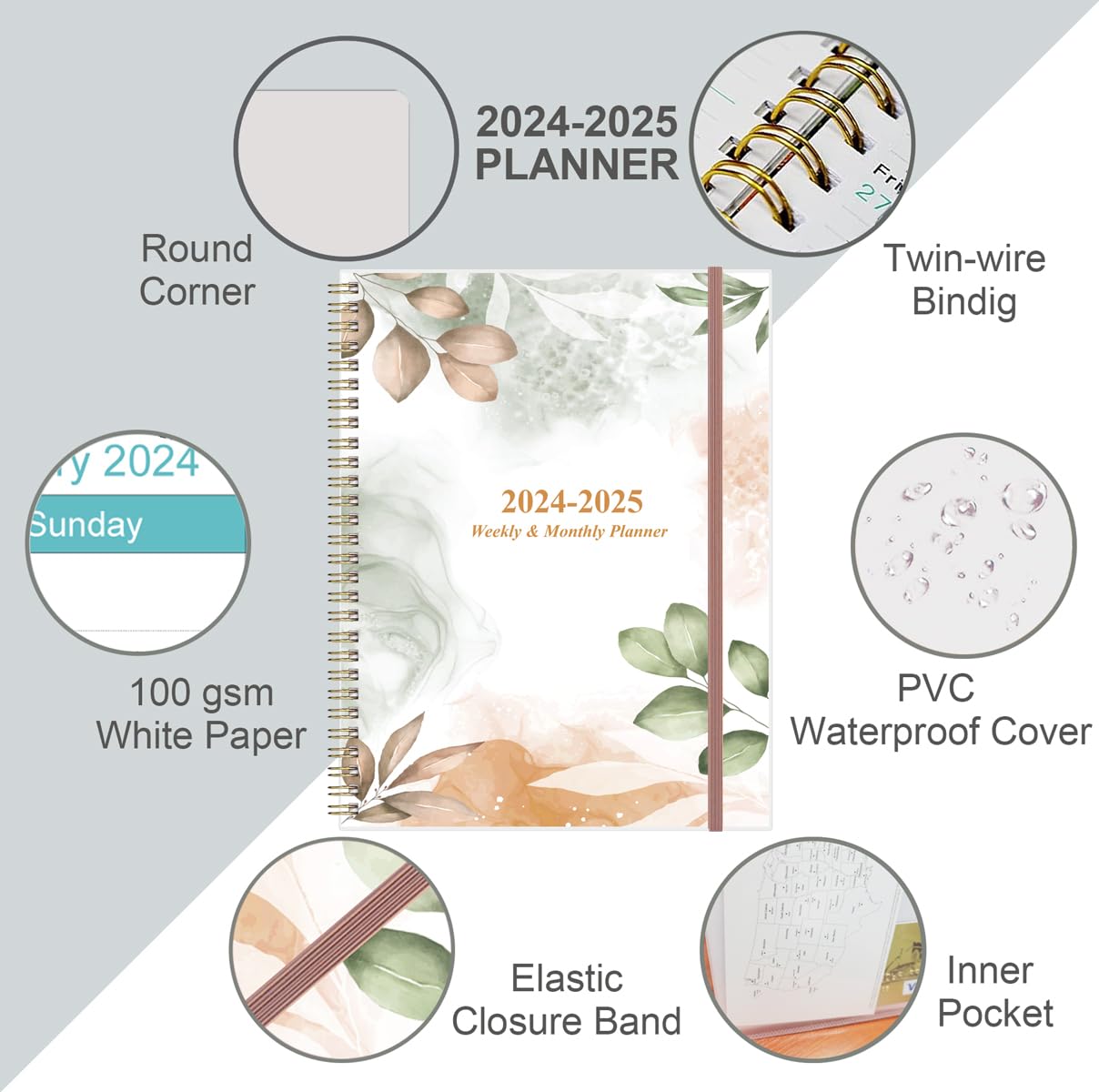 2024-2025 Planner - A4 Weekly & Monthly Planner to Achieve Goals & Increase Productivity, July 2024 - June 2025, 8.5" x 11", Rose Leaf