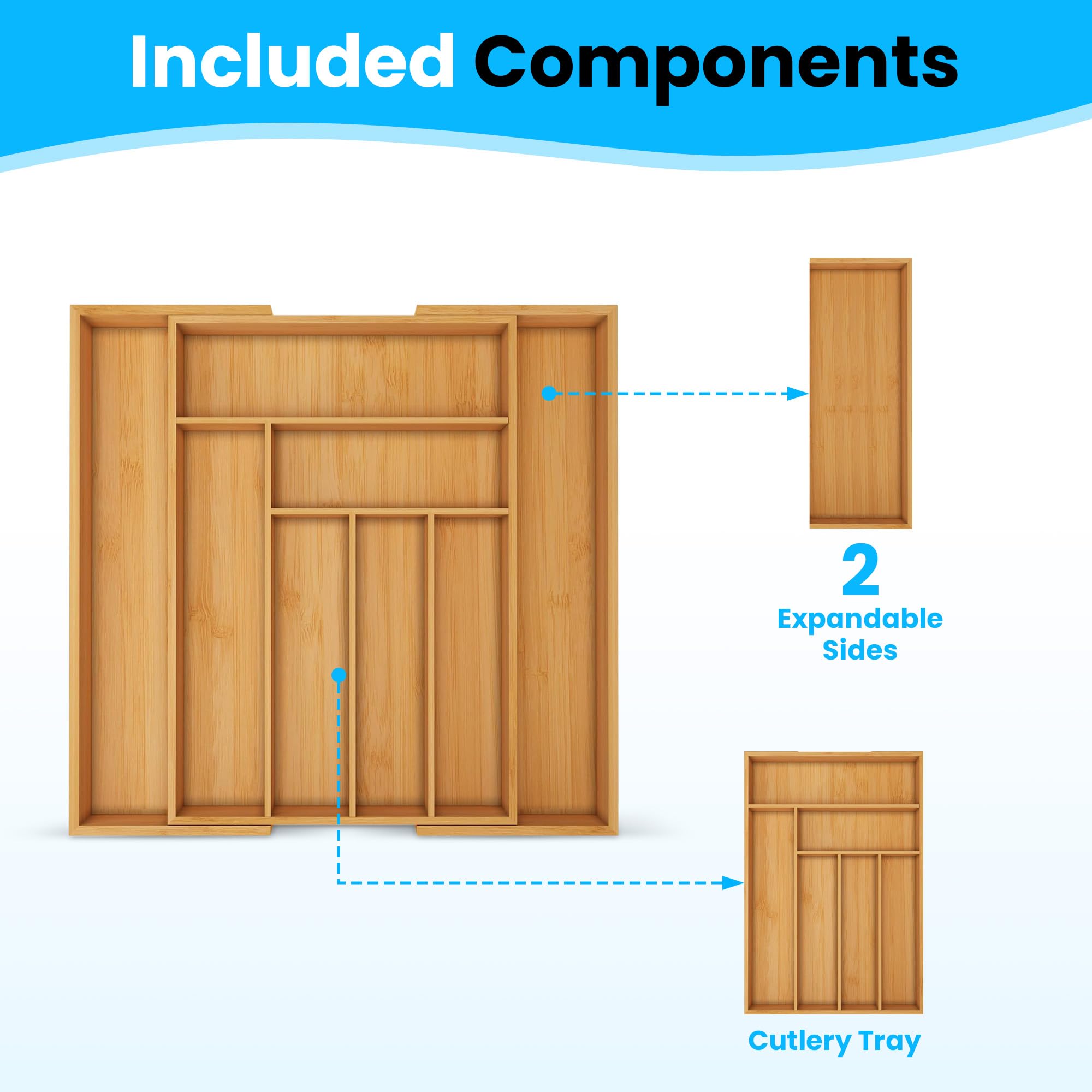 LifeReorganized Organize Your Kitchen, Makeup & Jewelry w/Expandable Bamboo Drawer Organizer Tray-Silicone Feet, Cutlery Flatware & Silverware Knife Fork Spoon Cosmetics-Keep Countertop Organized!