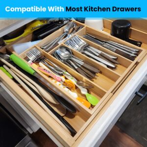 LifeReorganized Organize Your Kitchen, Makeup & Jewelry w/Expandable Bamboo Drawer Organizer Tray-Silicone Feet, Cutlery Flatware & Silverware Knife Fork Spoon Cosmetics-Keep Countertop Organized!