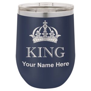 lasergram double wall stainless steel wine glass tumbler, king crown, personalized engraving included (navy blue)