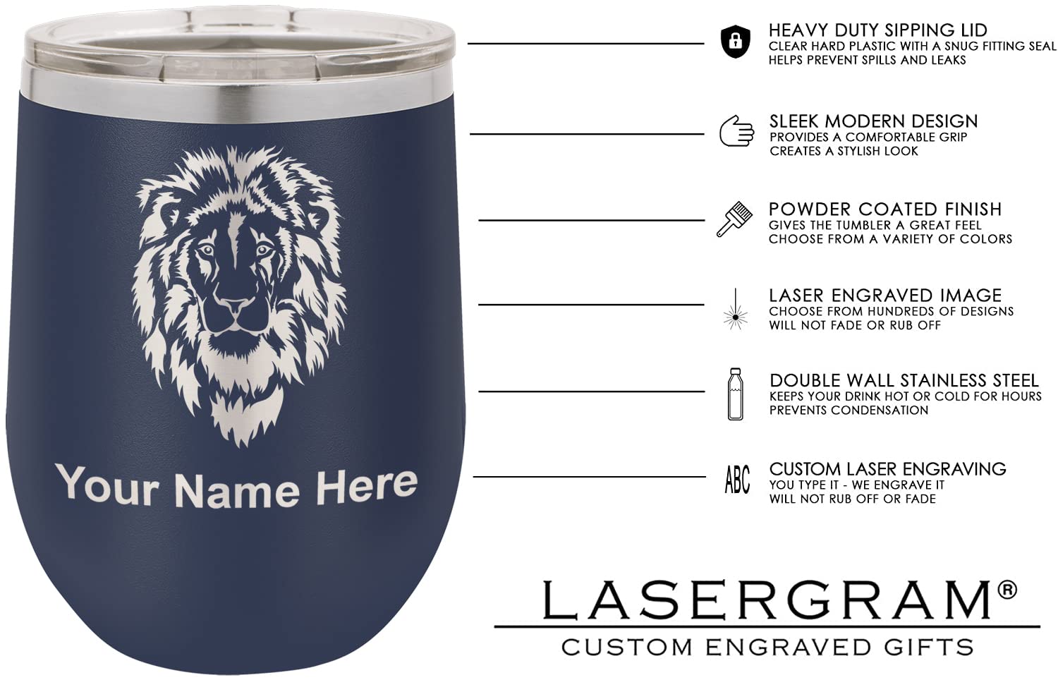 LaserGram Double Wall Stainless Steel Wine Glass Tumbler, King Crown, Personalized Engraving Included (Navy Blue)