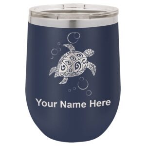 lasergram double wall stainless steel wine glass tumbler, hawaiian sea turtle, personalized engraving included (navy blue)