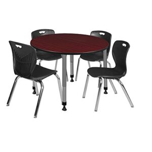 romig kee 48 in. round adjustable classroom table- mahogany & 4 andy 18 in. stack chairs- black & grey base