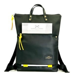danielchong sustainable book holder backpack black waterproof resistant material black vegan leather pocket handmade designer backpack | made in spain