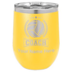 lasergram double wall stainless steel wine glass tumbler, volleyball coach, personalized engraving included (yellow)