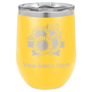 lasergram double wall stainless steel wine glass tumbler, sunflowers, personalized engraving included (yellow)