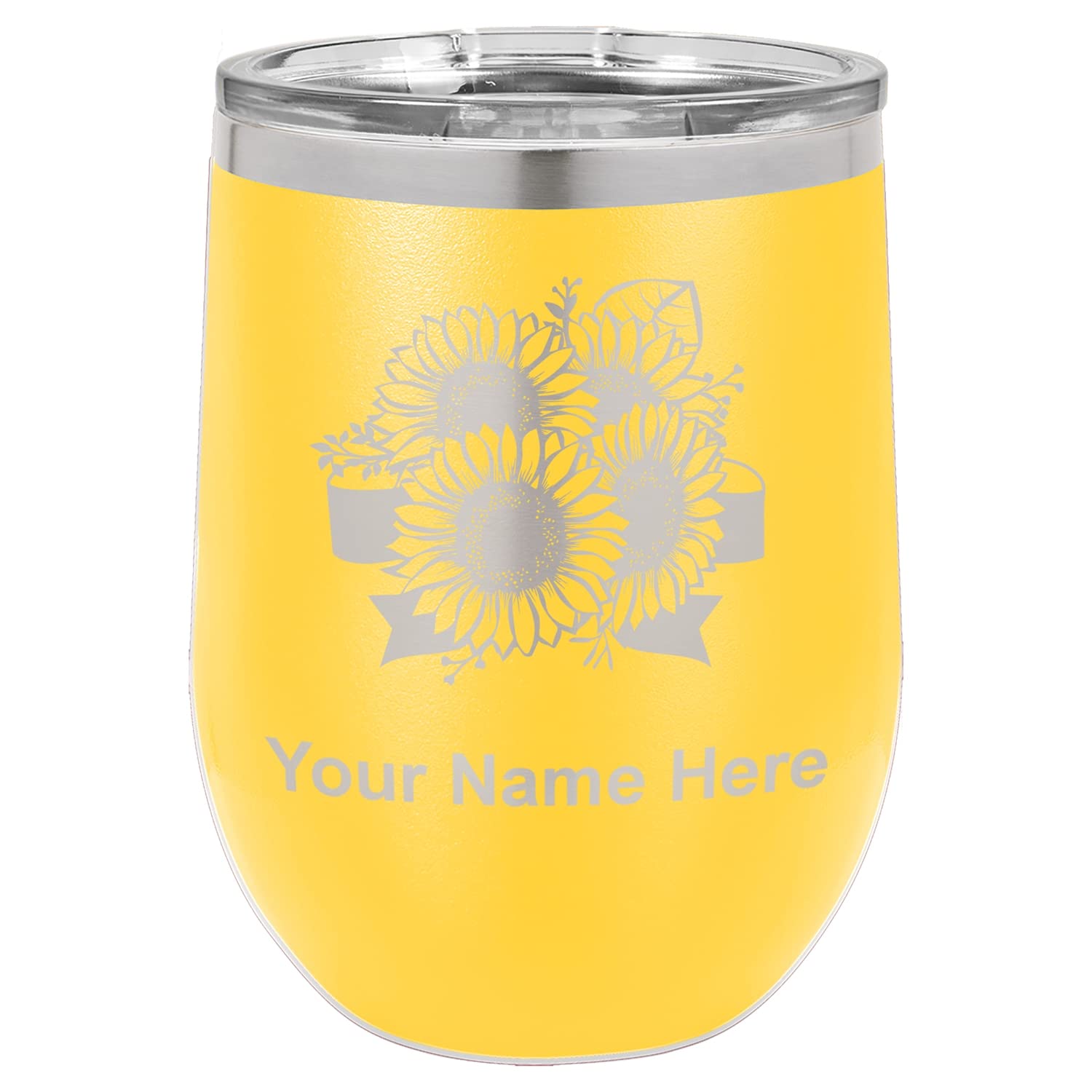 LaserGram Double Wall Stainless Steel Wine Glass Tumbler, Sunflowers, Personalized Engraving Included (Yellow)