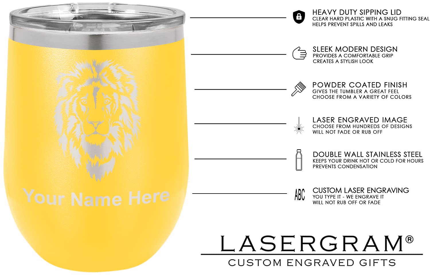 LaserGram Double Wall Stainless Steel Wine Glass Tumbler, Sunflowers, Personalized Engraving Included (Yellow)