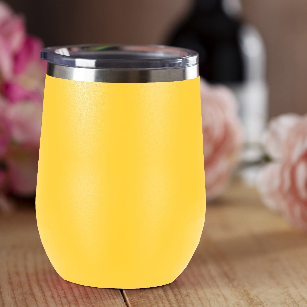 LaserGram Double Wall Stainless Steel Wine Glass Tumbler, Sunflowers, Personalized Engraving Included (Yellow)