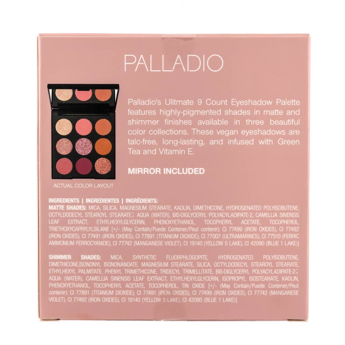 Palladio Ultimate 9-Count Eyeshadow Palette, Talc-Free Formula, High Pigmented Shades in A Mix of Matte & Shimmer Finishes, Blendable Long Lasting Colorful Professional-Grade Makeup (Rosey Nudes)