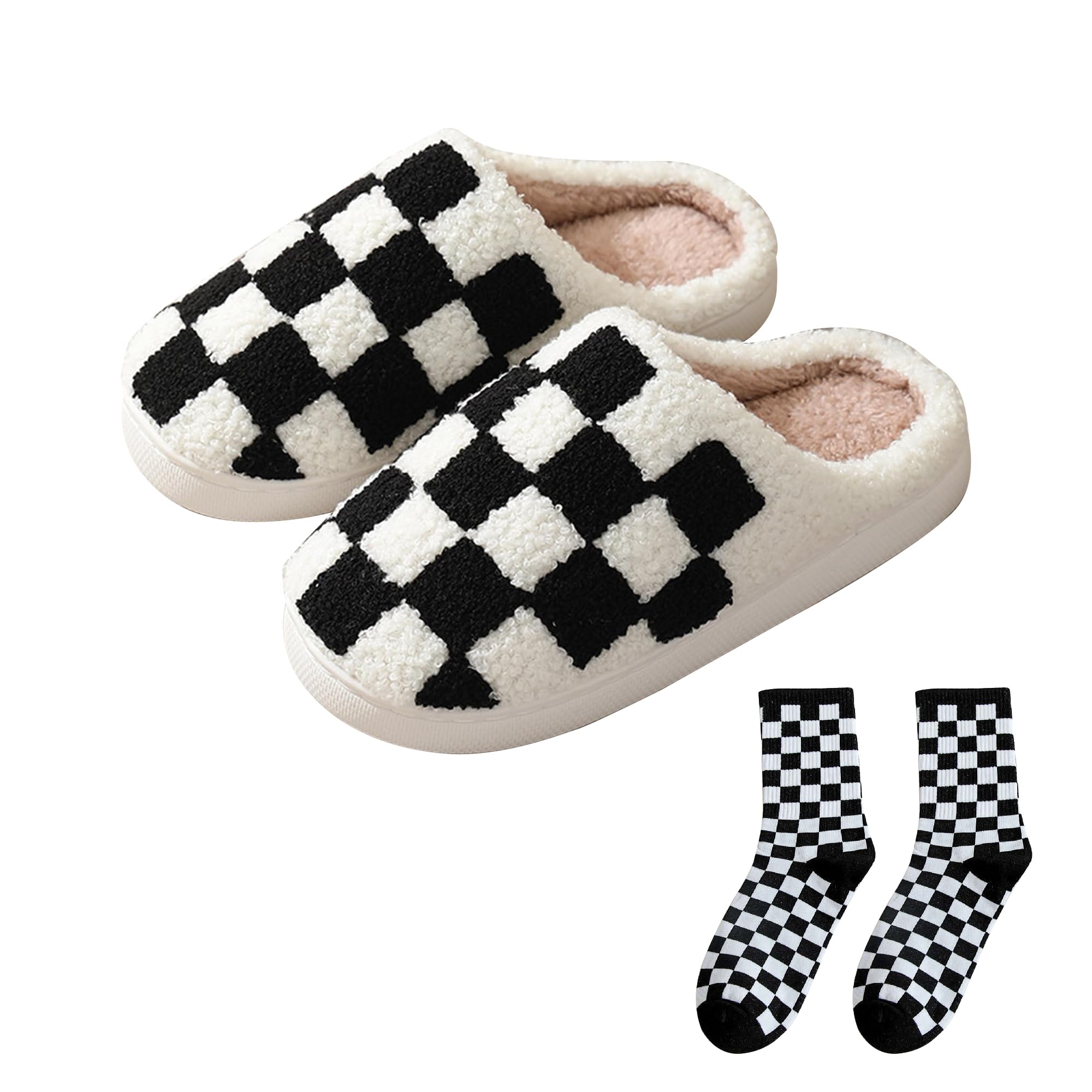 DLYiRen Checkered Slippers House Slippers for Women Men, Plush House Shoes Memory Foam Womens Outdoor Indoor Warm Plush Bedroom Shoes with Faux Fur Lining(42-43)