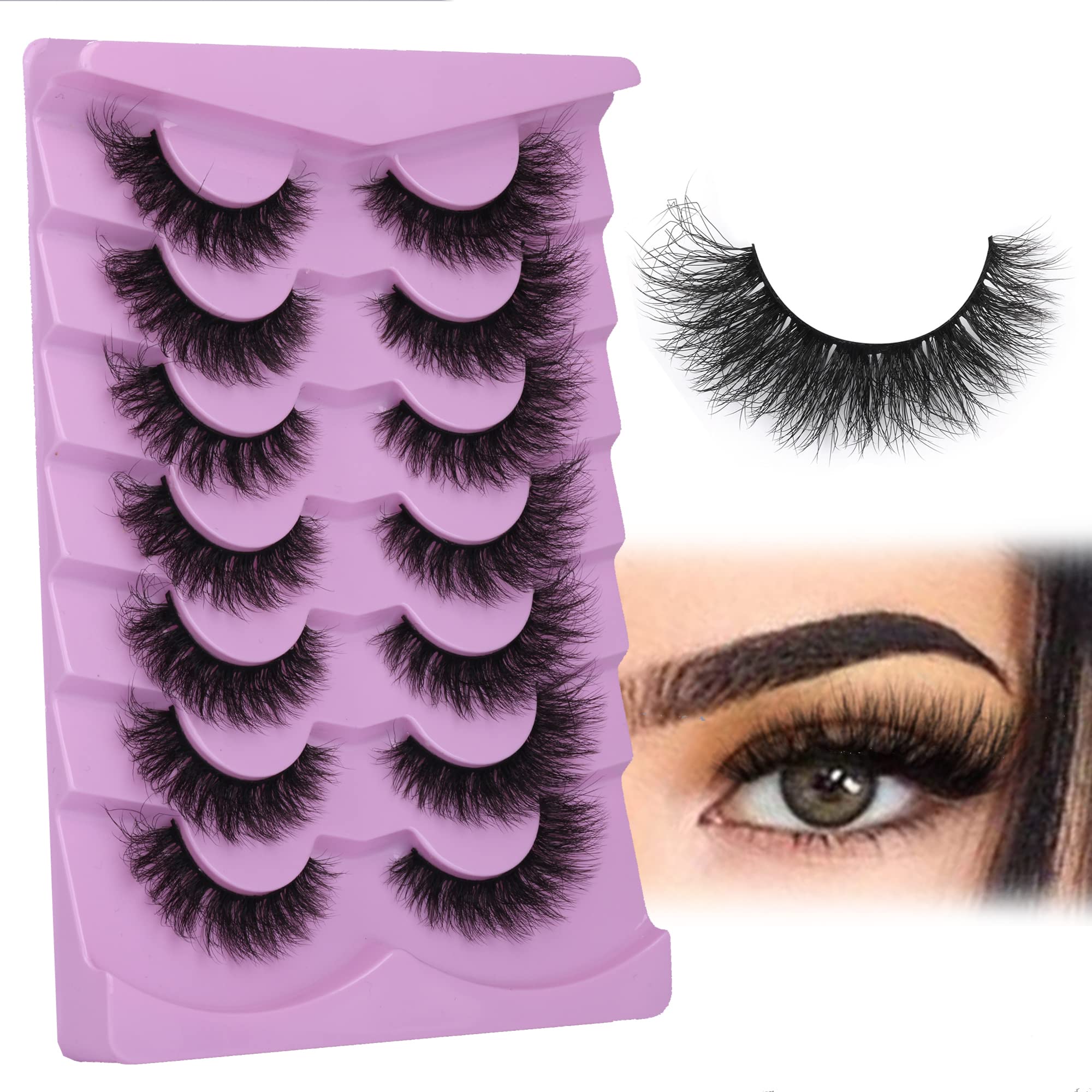 FANXITON Mink Lashes Fulffy Natural Short False Eyelashes Cat Eye Lashes Mink Eye Lashes 5D Curly Wispy 7 Pairs Faux Mink Lashes Multipack