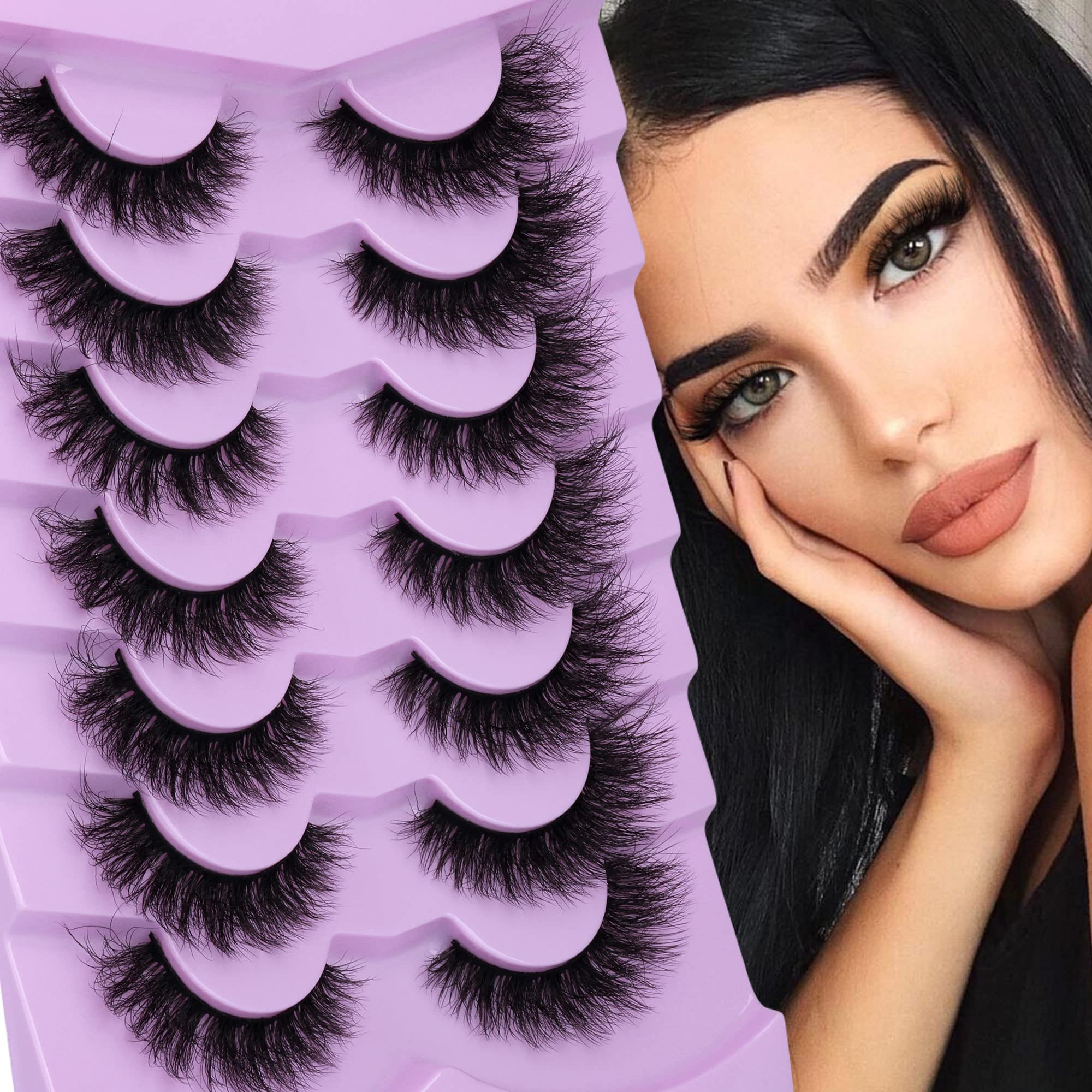 FANXITON Mink Lashes Fulffy Natural Short False Eyelashes Cat Eye Lashes Mink Eye Lashes 5D Curly Wispy 7 Pairs Faux Mink Lashes Multipack